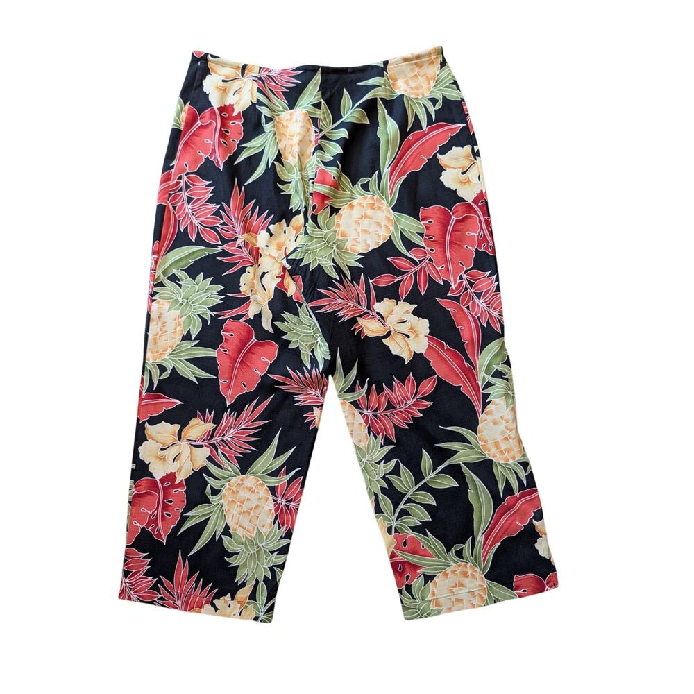 Tommy Bahama Silk Pineapple Tropical Pants Womens 8 Black Crop Wide Leg Casual